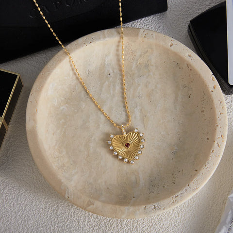Stainless Steel Heart Pendant Necklace with Shiny Zircon for Women 18k Gold Plated
