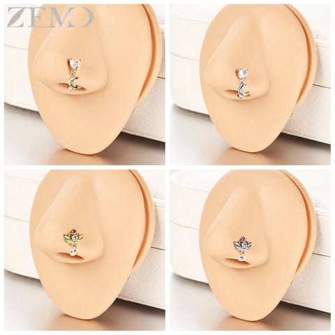 Girls Cubic Zircon Nose Studs Flower Star Heart Nostril Piercings Jewelry