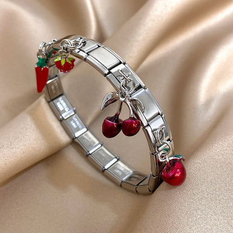 Stainless Steel Strawberry Pepper Cherry Pendant Elastic Bangles Bracelets