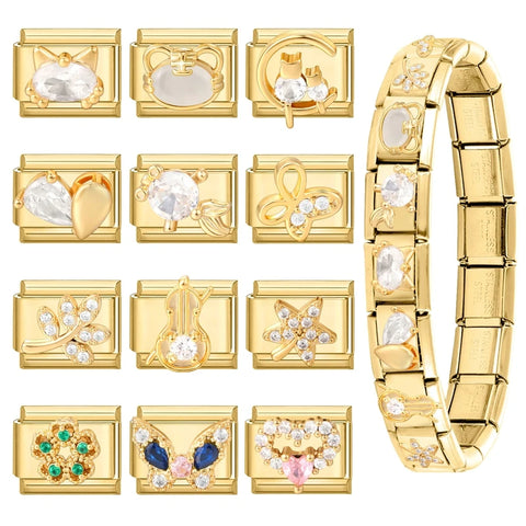 Golden Butterfly Leaf Moon Cat Flower Italian Charm Links