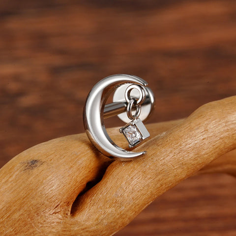 Titanium CZ Moon Cartilage Earring Tiny Crescent Moon CZ Dangle Helix