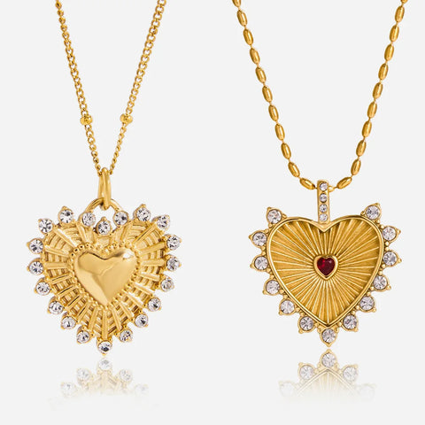 Stainless Steel Heart Pendant Necklace with Shiny Zircon for Women 18k Gold Plated