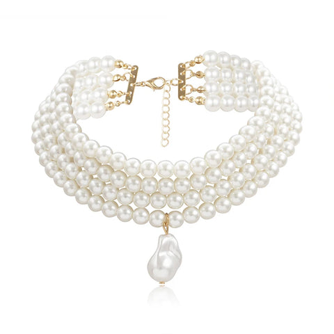 Classic Layered Strand Round Pearls Beads Collar Choker Necklace For Women