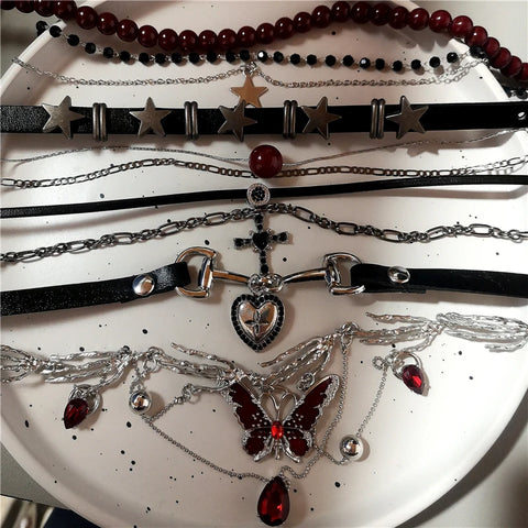Red Butterfly Star Heart Cross Pendant Ghost Claw Choker Charms Necklaces