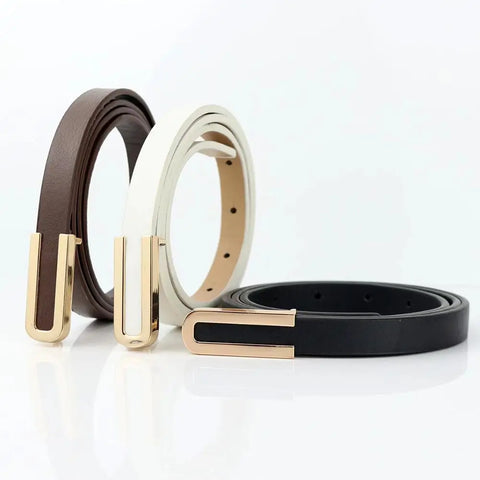 Fashionable and Versatile Black Leather Thin Belt for Women