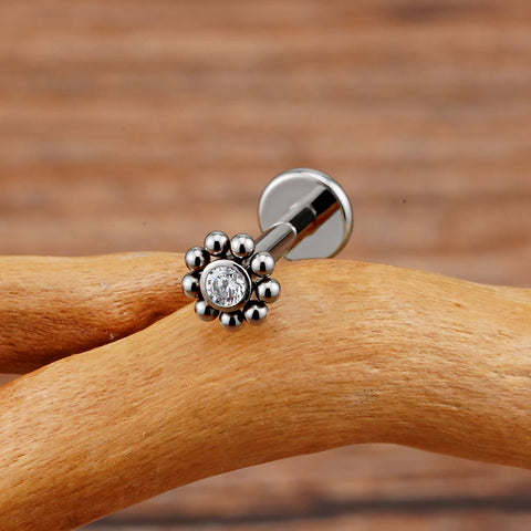Titanium Mini Beaded Sun Labret Stud CZ Flower Tragus Cartilage Helix