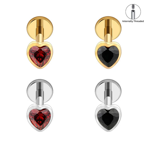 Titanium Heart Shaped CZ Flat Back Labret Stud Cartilage Helix Ear Piercing