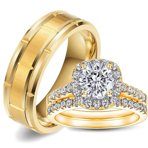 Couple Rings Luxury Gold Color Women Rhinestones Zircon Rings Set Men Stainless Steel Ring