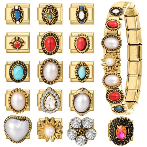 Golden Heart Butterfly Sun Flower Pearl Zircon Italian Charm Links