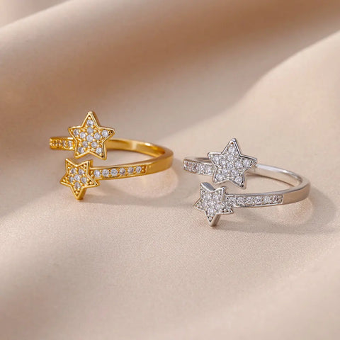 Zircon Double Star Rings For Women Girls Stainless Steel Gold Color y2k Ring