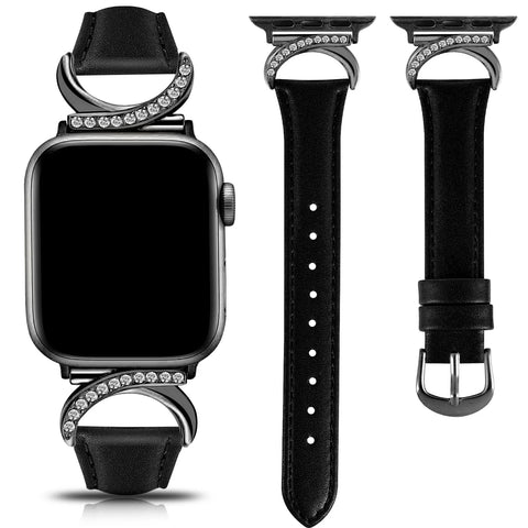 Suitable for Apple Watch 11/10/9/8/7/6/5/4 moon-shaped rhinestone leather straps