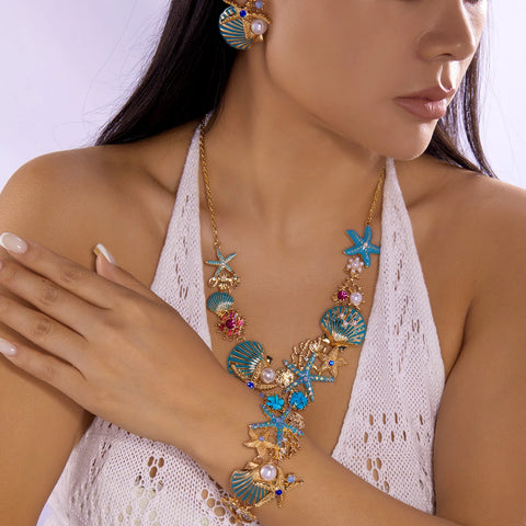 Starfish Shell Pearl Necklace for Women Summer Ocean Coral Scallop Pendant