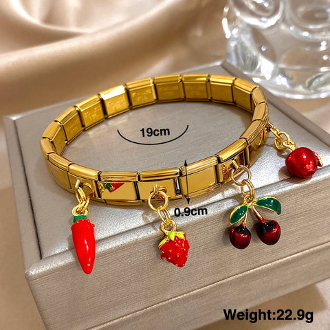 Stainless Steel Strawberry Pepper Cherry Pendant Elastic Bangles Bracelets
