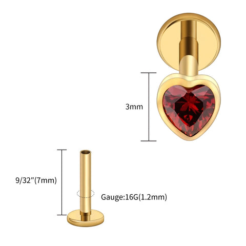Titanium Heart Shaped CZ Flat Back Labret Stud Cartilage Helix Ear Piercing