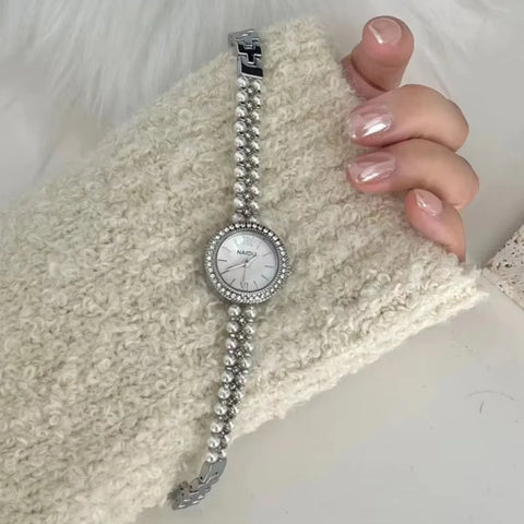 Pearl Studded Strap Women Watch Luxury Ladies Gift Bracelet Watch