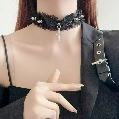 Fashion Solid Color Women Girls Necklace Wide Lace Rivets Lolita Lace Choker