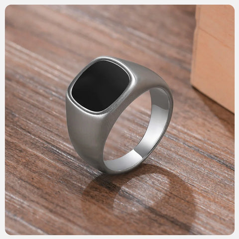 Signet Ring for Men Black Square Top Stainless Steel Finger Band Gothic Rings
