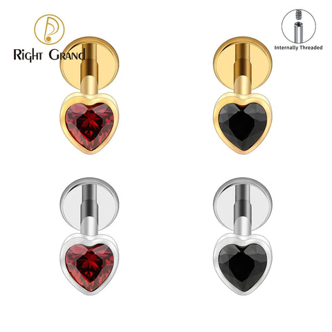 Titanium Heart Shaped CZ Flat Back Labret Stud Cartilage Helix Ear Piercing