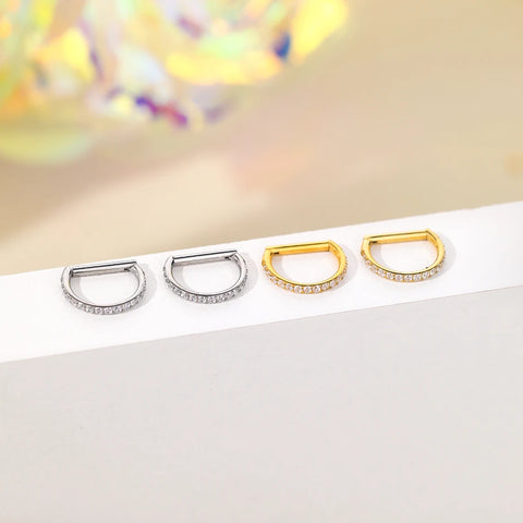Titanium Hinged Segment Ring D-Shape with Side Crystals Septum Cartilage Helix