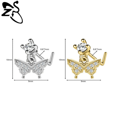 Stainless Steel Nose Ring 7MM L Rod Nose Stud Moon butterfly Shape Pendant Earring Helix