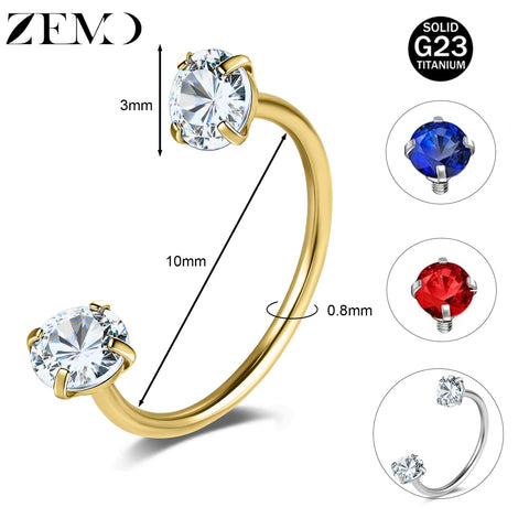 Titanium Steel Horseshoe Nose Rings Double CZ Crystal Screw Septum Rings Helix