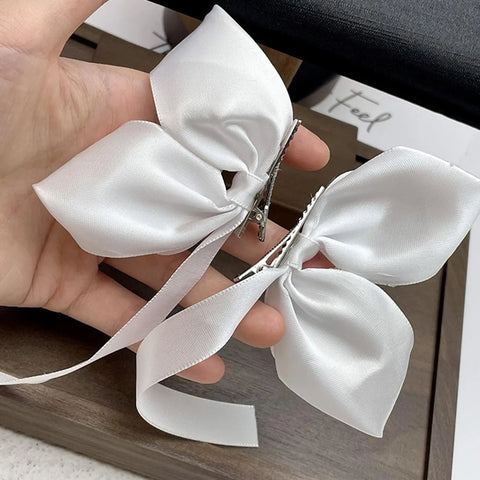 2pcs Sweet Bows Hair Clips Women White Ribbons Ponytails Clip