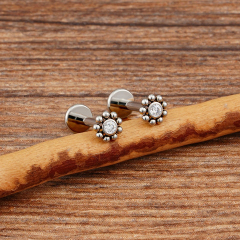 Titanium Mini Beaded Sun Labret Stud CZ Flower Tragus Cartilage Helix