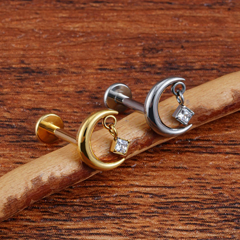 Titanium CZ Moon Cartilage Earring Tiny Crescent Moon CZ Dangle Helix