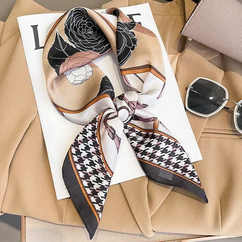 Print Silk Square Scarf Women Soft Satin Horse Hairband Neckerchief Office Hijab Headband