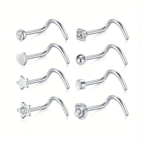 Elegant Stainless Steel Nose Rings Set Synthetic Zirconia Curved Rod Nose Studs