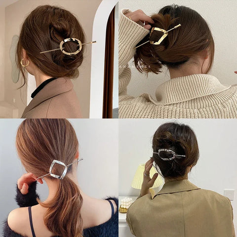 Geometric Gold Silver Color Metal Hair Stick Women Ponytail Holder