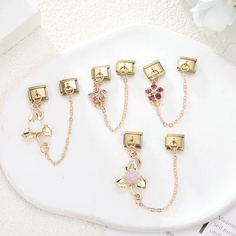 Golden Pink Zircon Flowers Rose Leaves Tassel Chain Charm Links