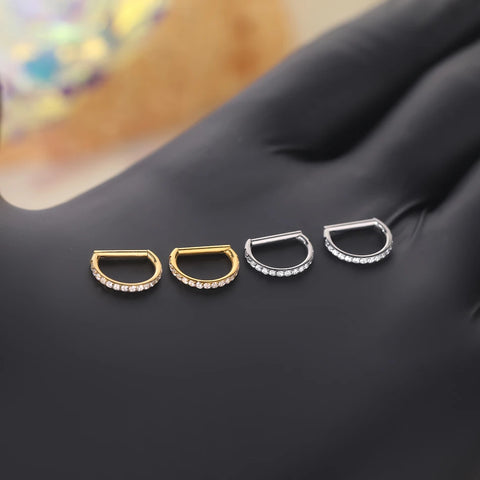 Titanium Hinged Segment Ring D-Shape with Side Crystals Septum Cartilage Helix