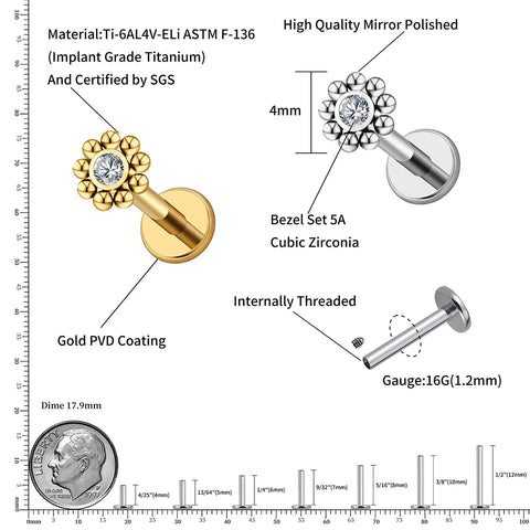 Titanium Mini Beaded Sun Labret Stud CZ Flower Tragus Cartilage Helix