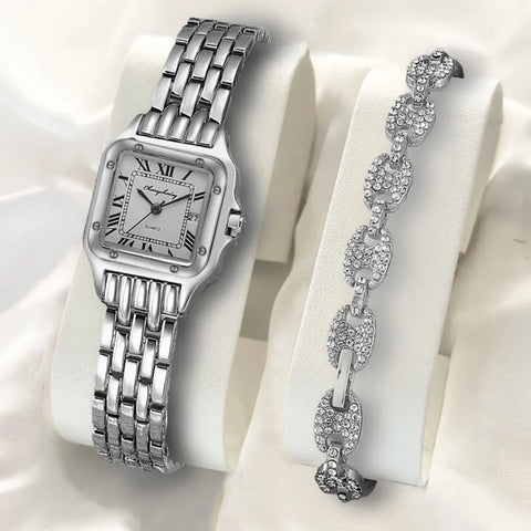 Women Stainless Steel Square Simple Design Men Quartz Watch Fashion Diamond