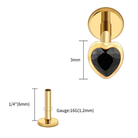 Titanium Heart Shaped CZ Flat Back Labret Stud Cartilage Helix Ear Piercing