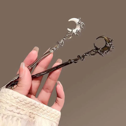 Crystal Moon Hair Stick for Women Vintage Metal Chinese Style Chopstick Shaped Hairpin