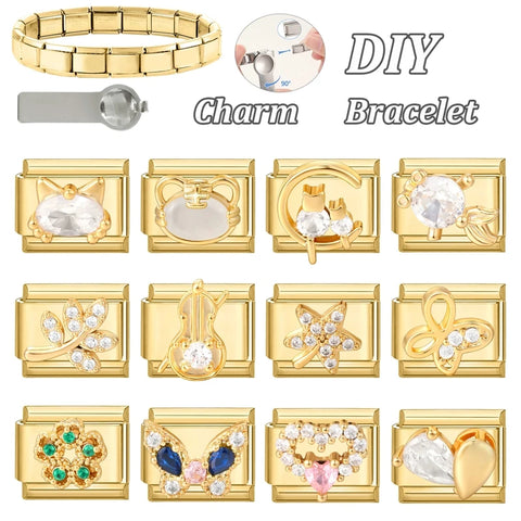 Golden Butterfly Leaf Moon Cat Flower Italian Charm Links