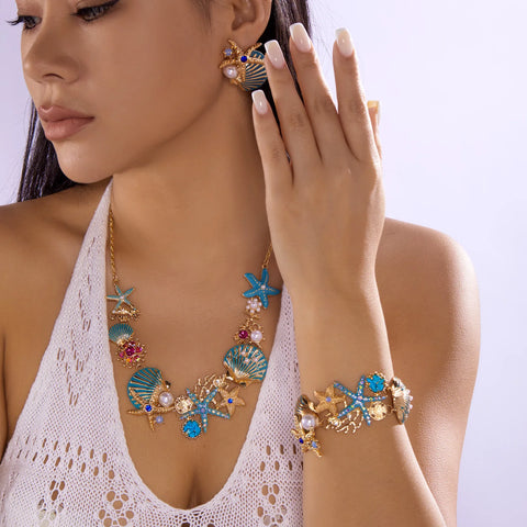 Starfish Shell Pearl Necklace for Women Summer Ocean Coral Scallop Pendant