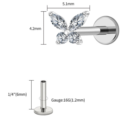 Titanium Mini Butterfly CZ Labret Tragus Cartilage Conch Forward Helix Stud