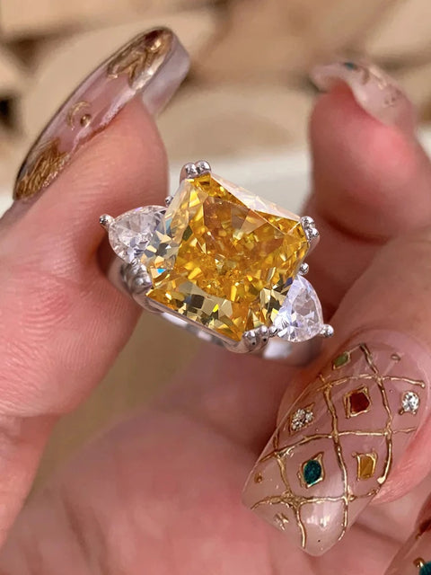 Sterling Silver Purple Yellow Sugar Cube Triangle Zirconia Ring For Women Anniversary Party