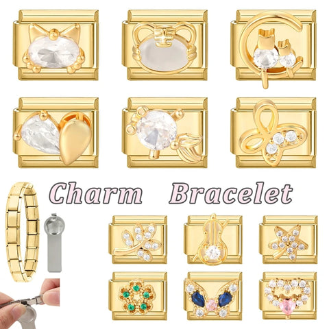 Golden Butterfly Leaf Moon Cat Flower Italian Charm Links