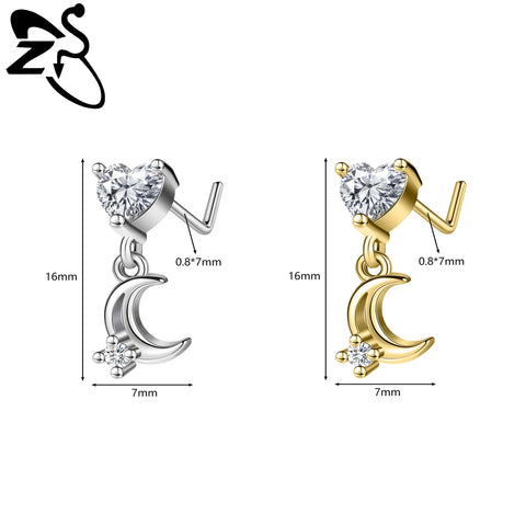 Stainless Steel Nose Ring 7MM L Rod Nose Stud Moon butterfly Shape Pendant Earring Helix