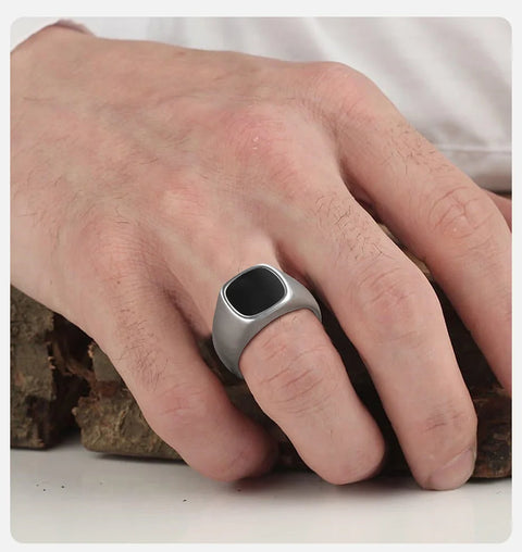 Signet Ring for Men Black Square Top Stainless Steel Finger Band Gothic Rings