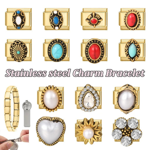 Golden Heart Butterfly Sun Flower Pearl Zircon Italian Charm Links