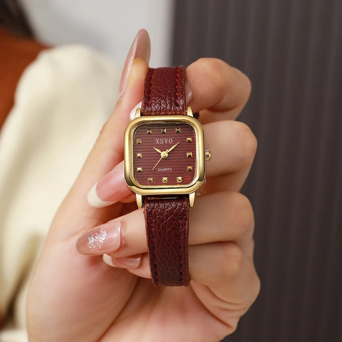 Fashion Ladies Quartz Watch with Square Dial Leather Strap for Christmas Halloween Gift