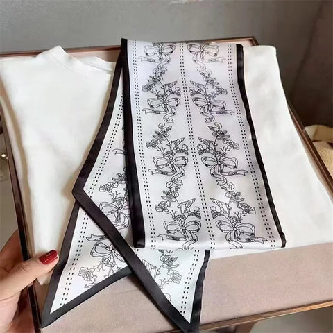 Print Silk Scarf Women Soft Satin Horse Hairband Bevel Neckerchief Office Headband