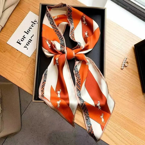 Print Silk Scarf Women Soft Satin Horse Hairband Bevel Neckerchief Office Headband