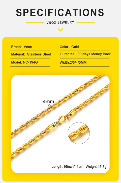 Vnox Dainty Gold Color Rope Chain Necklaces for Women Men,Chic Twisted Collar