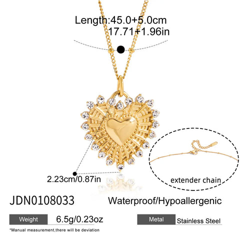 Stainless Steel Heart Pendant Necklace with Shiny Zircon for Women 18k Gold Plated